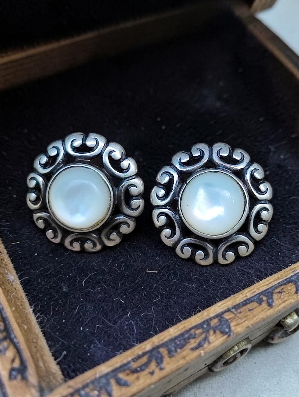 Vintage Sterling Silver Mother Of Pearl Large Stud Earrings